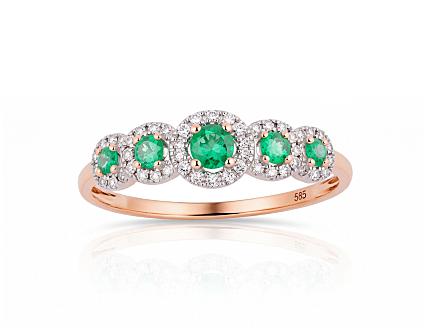 Red gold ring with diamonds and emeralds