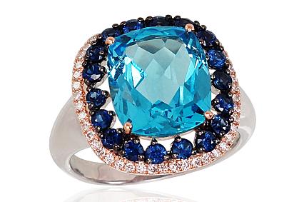 Gold ring with diamonds, sapphires and blue topazes