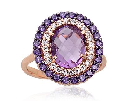 Ring aus Rotgold mit Zirkonia und Amethysten