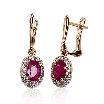 Red gold earrings with diamonds and rubies
