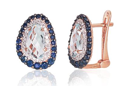 Ohrringe aus Rotgold mit Diamanten, Saphiren und himmelblauen Topasen