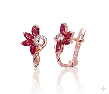 Red gold earrings with diamonds and rubies