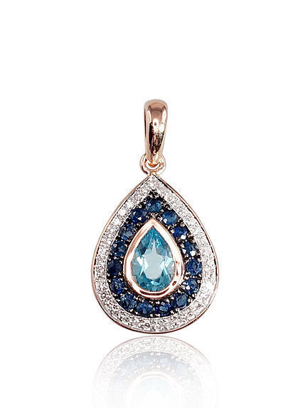 Kettenanhänger aus Rotgold mit Diamanten, Saphiren und blauen Topasen